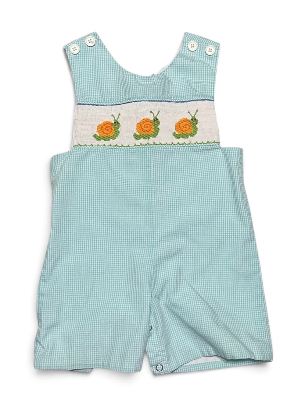 Smocked Aqua Gingham Kids One-Piece Bodysuit with Snail Embroidery